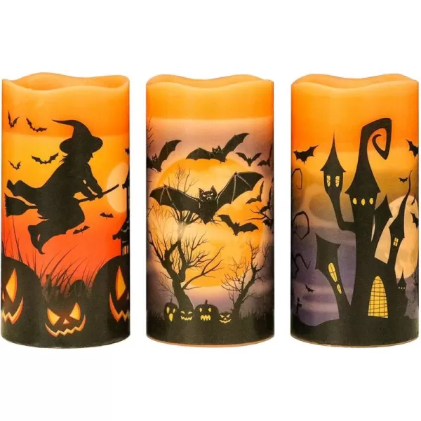 Eldnacele Halloween Flameless Candles LED Flickering Battery Pillar Candles with 6H Timer and Pumpkin Decals Spooky Fall Halloween Festival Party Decoration Set of 3 D 3 x H 4 5 6CWitch