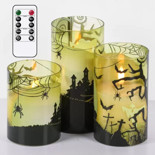 Eldnacele Halloween Flameless Candles LED Flickering Battery Pillar Candles with 6H Timer and Pumpkin Decals Spooky Fall Halloween Festival Party Decoration Set of 3 D 3 x H 4 5 6FGreen