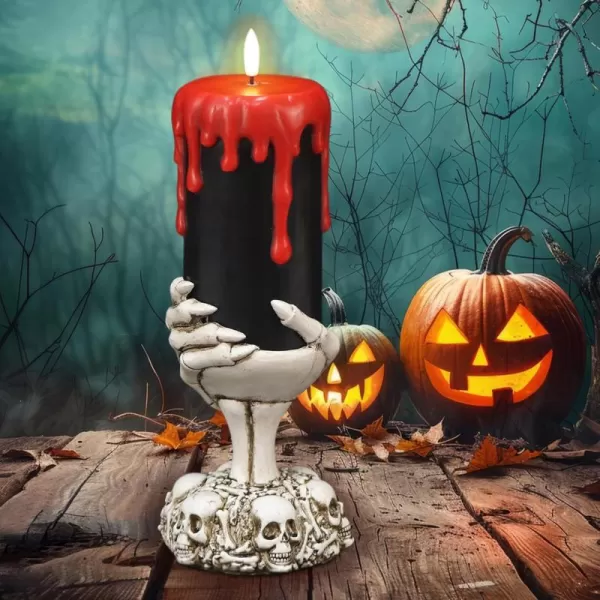 Eldnacele Halloween Flameless Candles LED Flickering Battery Pillar Candles with 6H Timer and Pumpkin Decals Spooky Fall Halloween Festival Party Decoration Set of 3 D 3 x H 4 5 6CSkeleton Hand