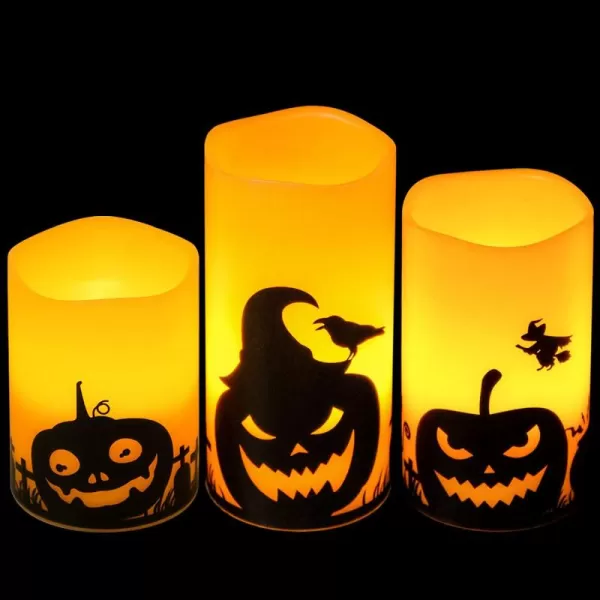 Eldnacele Halloween Flameless Candles LED Flickering Battery Pillar Candles with 6H Timer and Pumpkin Decals Spooky Fall Halloween Festival Party Decoration Set of 3 D 3 x H 4 5 6BPumpkin