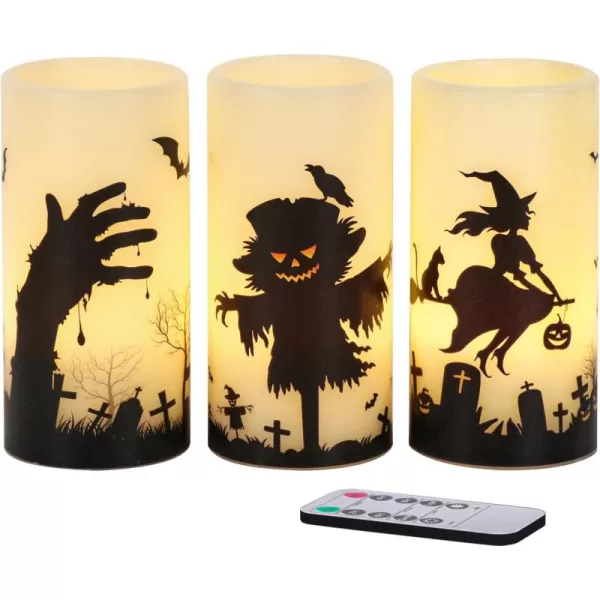 Eldnacele Halloween Flameless Candles LED Flickering Battery Pillar Candles with 6H Timer and Pumpkin Decals Spooky Fall Halloween Festival Party Decoration Set of 3 D 3 x H 4 5 6GIVORY