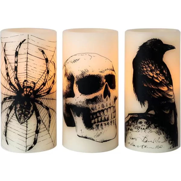 Eldnacele Halloween Flameless Candles LED Flickering Battery Pillar Candles with 6H Timer and Pumpkin Decals Spooky Fall Halloween Festival Party Decoration Set of 3 D 3 x H 4 5 6ASkull