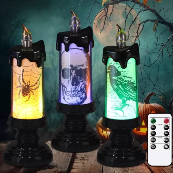 Eldnacele Halloween Flameless Candles LED Flickering Battery Pillar Candles with 6H Timer and Pumpkin Decals Spooky Fall Halloween Festival Party Decoration Set of 3 D 3 x H 4 5 6BSkull Lights