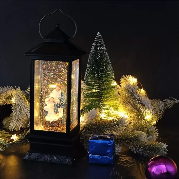 Eldnacele Battery Operated Plugin Musical Lighted Christmas Water Snowing Glittering Snow Globe Lantern with Timer Christians Nativity Lantern Decor Holy FamilyHoly Family
