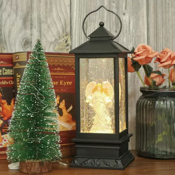 Eldnacele Battery Operated Plugin Musical Lighted Christmas Water Snowing Glittering Snow Globe Lantern with Timer Christians Nativity Lantern Decor Holy FamilyAngel