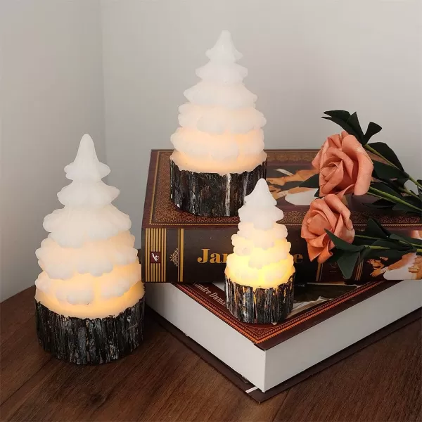 Eldnacele Christmas Flameless Flickering Candles with Timer Battery Operated Tree Shaped White Candles LED Electric Wax Candles Warm White Set of 3 Seasonal Decoration Presents