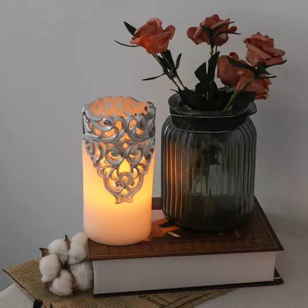Eldnacele Flameless Christmas Silver Candles with 5H Timer Flickering Real Wax Battery Operated Pillar Candles for Christmas Party Decoration Silver D3 x H6Silver