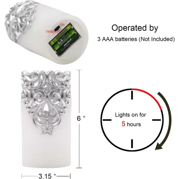 Eldnacele Flameless Christmas Silver Candles with 5H Timer Flickering Real Wax Battery Operated Pillar Candles for Christmas Party Decoration Silver D3 x H6Silver