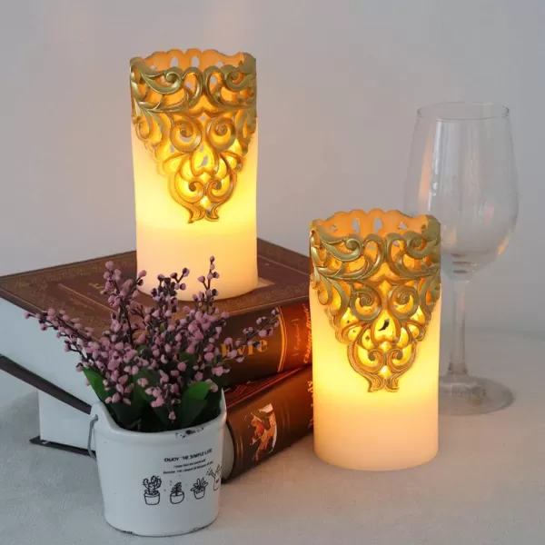 Eldnacele Flameless Christmas Silver Candles with 5H Timer Flickering Real Wax Battery Operated Pillar Candles for Christmas Party Decoration Silver D3 x H6Gold
