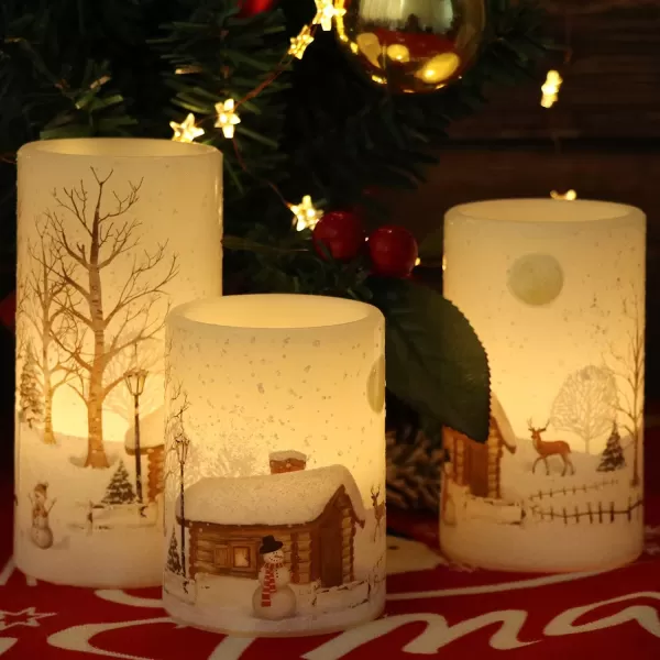 Eldnacele Flameless Flickering Candles Deer Moose Bear Decal with Hemp Rope and 6H Timer Battery Operated LED Pillar Candles Real Wax Home Dcor Christmas and Gift Set of 3Snowman