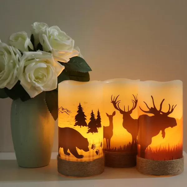 Eldnacele Flameless Flickering Candles Deer Moose Bear Decal with Hemp Rope and 6H Timer Battery Operated LED Pillar Candles Real Wax Home Dcor Christmas and Gift Set of 3Deer