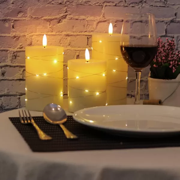 Eldnacele Flameless Flickering Candles with Embedded String Light 3D Wick Battery Candles with Remote and Timer Ivory Real Wax Pillar LED Candles Set of 3 D3x H4 5 6 for Decorationstring light