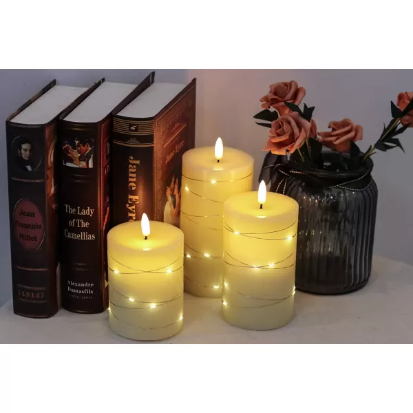 Eldnacele Flameless Flickering Candles with Embedded String Light 3D Wick Battery Candles with Remote and Timer Ivory Real Wax Pillar LED Candles Set of 3 D3x H4 5 6 for Decorationstring light