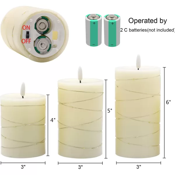 Eldnacele Flameless Flickering Candles with Embedded String Light 3D Wick Battery Candles with Remote and Timer Ivory Real Wax Pillar LED Candles Set of 3 D3x H4 5 6 for Decorationstring light