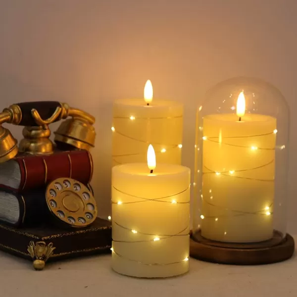 Eldnacele Flameless Flickering Candles with Embedded String Light 3D Wick Battery Candles with Remote and Timer Ivory Real Wax Pillar LED Candles Set of 3 D3x H4 5 6 for Decorationstring light