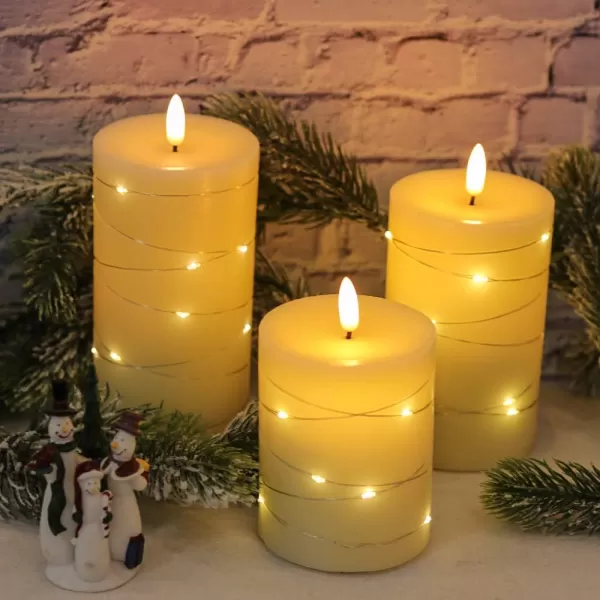 Eldnacele Flameless Flickering Candles with Embedded String Light 3D Wick Battery Candles with Remote and Timer Ivory Real Wax Pillar LED Candles Set of 3 D3x H4 5 6 for Decorationstring light