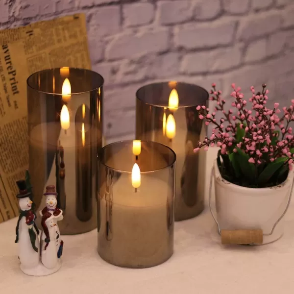 Eldnacele Glass Candles Flameless Flickering Candles with Remote Control ampamp Timer 3D Wick LED Battery Operated Pillar Candles Set of 3 Black Glass Candles Warm Light D3 x H4 5 6Gray