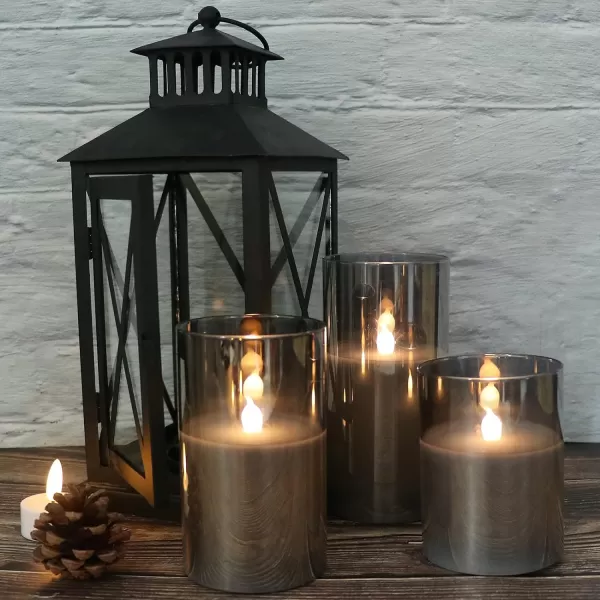 Eldnacele Glass Candles Flameless Flickering Candles with Remote Control ampamp Timer 3D Wick LED Battery Operated Pillar Candles Set of 3 Black Glass Candles Warm Light D3 x H4 5 6new grey
