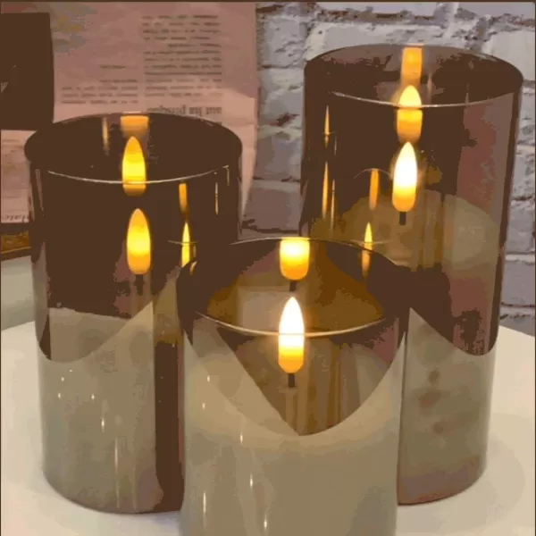 Eldnacele Glass Candles Flameless Flickering Candles with Remote Control ampamp Timer 3D Wick LED Battery Operated Pillar Candles Set of 3 Black Glass Candles Warm Light D3 x H4 5 6Gray