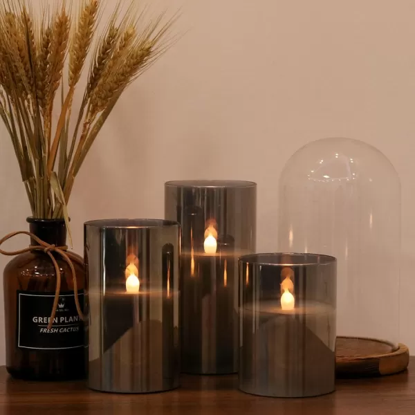 Eldnacele Glass Candles Flameless Flickering Candles with Remote Control ampamp Timer 3D Wick LED Battery Operated Pillar Candles Set of 3 Black Glass Candles Warm Light D3 x H4 5 6new grey