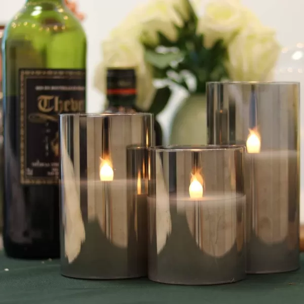 Eldnacele Glass Candles Flameless Flickering Candles with Remote Control ampamp Timer 3D Wick LED Battery Operated Pillar Candles Set of 3 Black Glass Candles Warm Light D3 x H4 5 6new grey