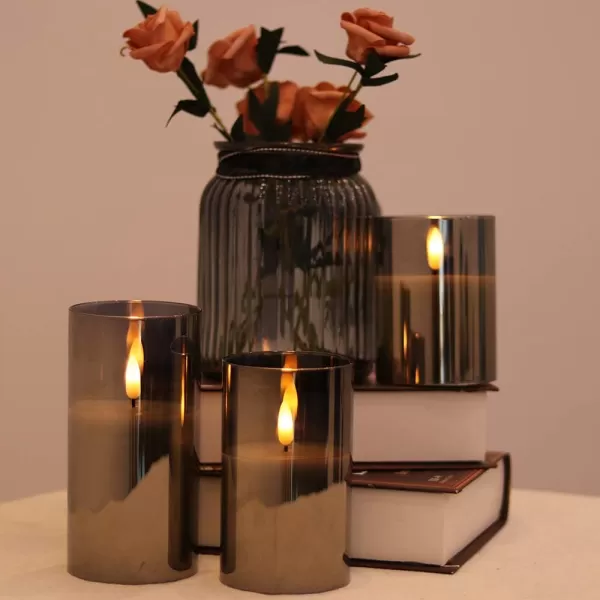 Eldnacele Glass Candles Flameless Flickering Candles with Remote Control ampamp Timer 3D Wick LED Battery Operated Pillar Candles Set of 3 Black Glass Candles Warm Light D3 x H4 5 6Gray