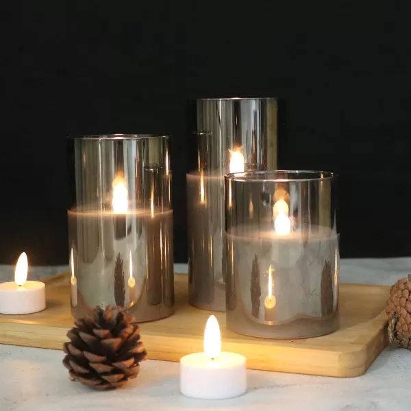 Eldnacele Glass Candles Flameless Flickering Candles with Remote Control ampamp Timer 3D Wick LED Battery Operated Pillar Candles Set of 3 Black Glass Candles Warm Light D3 x H4 5 6new grey