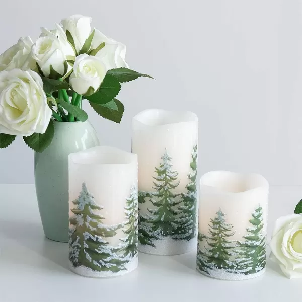 Eldnacele Green Tree Christmas Deco Flameless Flickering Candles with Automatical Daily Timers Battery Operated LED Candles Real Wax Decals Pack 3 Tiered Pillars 3 x 4 5 6 InchesGreen Tree