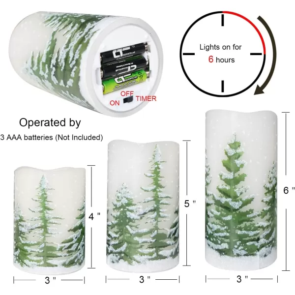 Eldnacele Green Tree Christmas Deco Flameless Flickering Candles with Automatical Daily Timers Battery Operated LED Candles Real Wax Decals Pack 3 Tiered Pillars 3 x 4 5 6 InchesGreen Tree