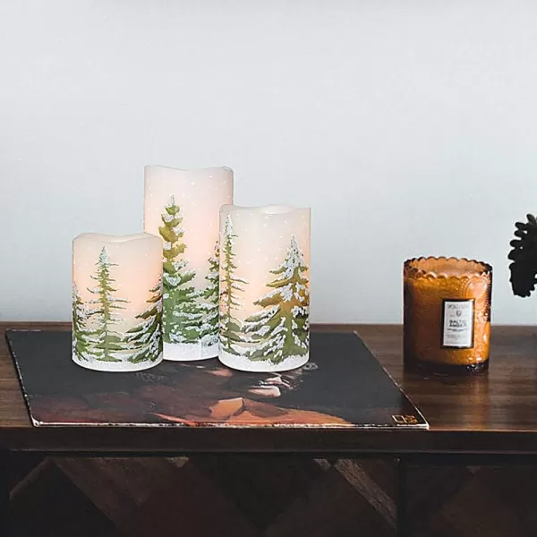 Eldnacele Green Tree Christmas Deco Flameless Flickering Candles with Automatical Daily Timers Battery Operated LED Candles Real Wax Decals Pack 3 Tiered Pillars 3 x 4 5 6 InchesGreen Tree