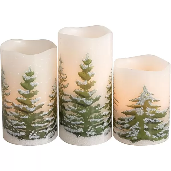 Eldnacele Green Tree Christmas Deco Flameless Flickering Candles with Automatical Daily Timers Battery Operated LED Candles Real Wax Decals Pack 3 Tiered Pillars 3 x 4 5 6 InchesGreen Tree