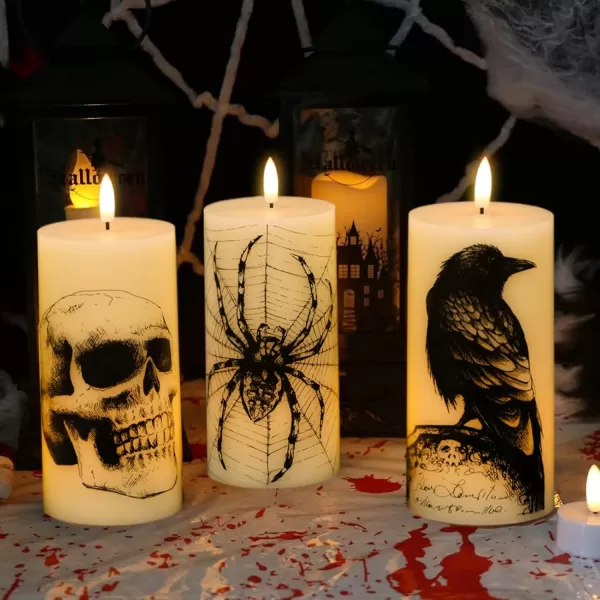 Eldnacele Halloween Flameless Candles LED Flickering Battery Pillar Candles with 6H Timer and Pumpkin Decals Spooky Fall Halloween Festival Party Decoration Set of 3 D 3 x H 4 5 6HSkull with Remote