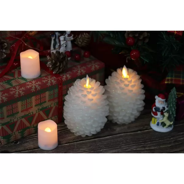 Eldnacele LED Pine Cone Candles with Remote Timer Battery Operated Flameless Candles Unscented Wax Pinecone Candles White 2 Pack for Christmas Home Party DecorationWhite
