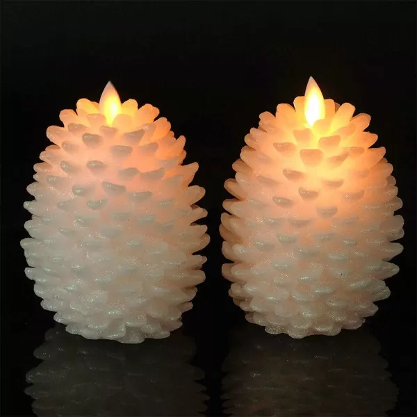 Eldnacele LED Pine Cone Candles with Remote Timer Battery Operated Flameless Candles Unscented Wax Pinecone Candles White 2 Pack for Christmas Home Party DecorationWhite