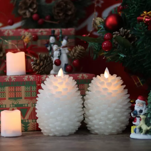 Eldnacele LED Pine Cone Candles with Remote Timer Battery Operated Flameless Candles Unscented Wax Pinecone Candles White 2 Pack for Christmas Home Party DecorationWhite
