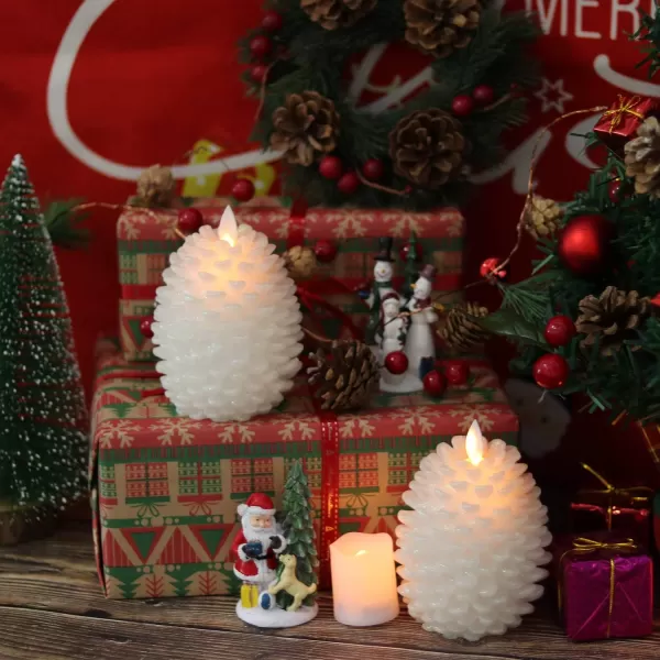 Eldnacele LED Pine Cone Candles with Remote Timer Battery Operated Flameless Candles Unscented Wax Pinecone Candles White 2 Pack for Christmas Home Party DecorationWhite