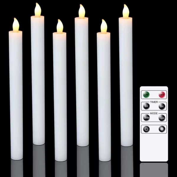 Eldnacele Flameless Window Taper Candles with Remote Timer Ivory LED Flickering Tapered Candles Battery Operated Set of 6 for Christmas Party Home Wedding DecorationWhite