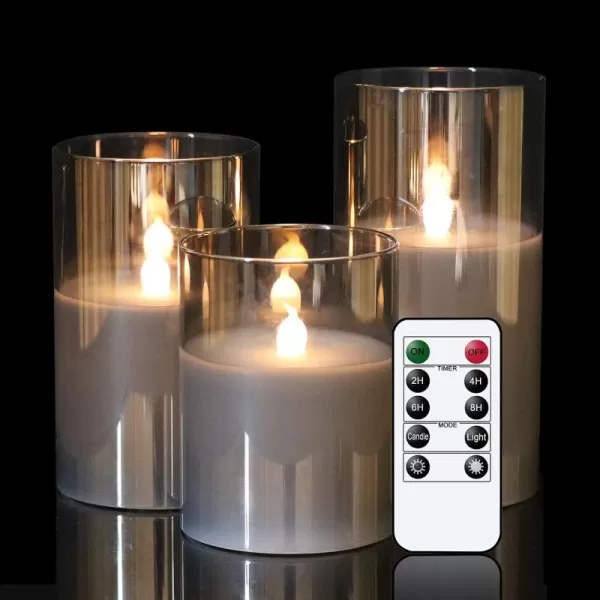 Eldnacele Glass Candles Flameless Flickering Candles with Remote Control ampamp Timer 3D Wick LED Battery Operated Pillar Candles Set of 3 Black Glass Candles Warm Light D3 x H4 5 6new grey