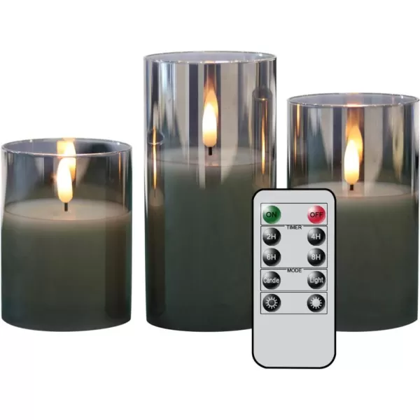 Eldnacele Glass Candles Flameless Flickering Candles with Remote Control ampamp Timer 3D Wick LED Battery Operated Pillar Candles Set of 3 Black Glass Candles Warm Light D3 x H4 5 6Gray