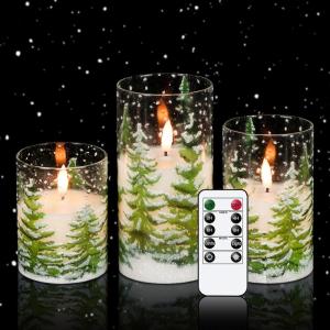 imageEldnacele Christmas Tree Glass Flameless Candles Remote and Timer Battery Operated Flickering LED Pillar Candles Warm White Light 3 Pack Dinner Xmas Festival Gift Holiday DecorGreen3456 InchGlass Christmas tree