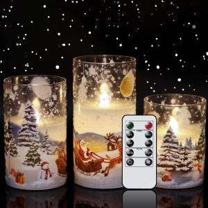 imageEldnacele Christmas Tree Glass Flameless Candles Remote and Timer Battery Operated Flickering LED Pillar Candles Warm White Light 3 Pack Dinner Xmas Festival Gift Holiday DecorGreen3456 InchSanta