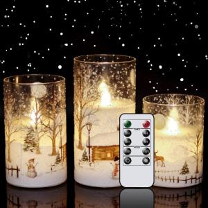 imageEldnacele Christmas Tree Glass Flameless Candles Remote and Timer Battery Operated Flickering LED Pillar Candles Warm White Light 3 Pack Dinner Xmas Festival Gift Holiday DecorGreen3456 InchSnowman
