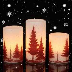 imageEldnacele Christmas Flickering Flameless Candles with 6 Hour Timer Silver Snowflake Decal Battery Operated Real Wax LED Pillar Candles Home Tabletop Holiday Decor3Pcs3456 InchesRed Tree