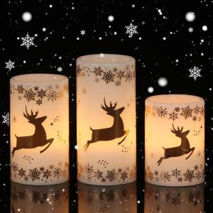 imageEldnacele Christmas Flickering Flameless Candles with 6 Hour Timer Silver Snowflake Decal Battery Operated Real Wax LED Pillar Candles Home Tabletop Holiday Decor3Pcs3456 InchesGold Deer