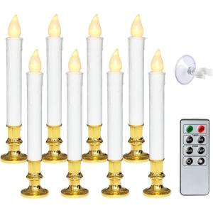 imageEldnacele 8 Pcs Flameless Window Taper Candles with Gold Holder and Suction Cups LED Battery Operated Flickering Electric Candles Remote and Timer Candlestick Christmas Home Wedding Dcor 9 Inch
