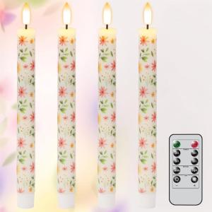 imageEldnacele Flameless Taper Spring Candles with Remote and Timer Battery Operated 3D Wick Real Wax Flickering Purple Flowers Decal 4 PCS LED Candles for Wedding Dinner Holiday Spring Decor4 Pack Yellow Flowers Decal