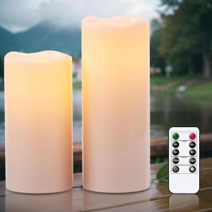 imageEldnacele Waterproof Flameless Flickering Candles with 6 Hours Timer Indoor Outdoor White LED Plastic Battery Operated Pillar Candles Pack of 4 Wedding Dinner Home Decor D3x H4 5 6 8A2 Pack Cream 810