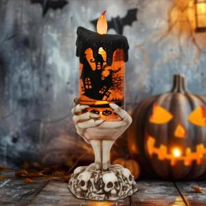 imageEldnacele Halloween Snow Globe Candles Lighted Lamp Battery Operated Spinning Water Glittering Tornado Flameless Candles Table Centerpiece for Halloween Decoration IndoorGhost4Bats Skeleton Hand