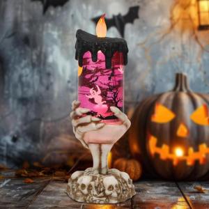 imageEldnacele Halloween Snow Globe Candles Lighted Lamp Battery Operated Spinning Water Glittering Tornado Flameless Candles Table Centerpiece for Halloween Decoration IndoorGhost4Ghost Skeleton Hand