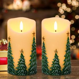 imageEldnacele Christmas Flameless Candles with 6 Hour Timer Battery Operated Hand Painted Pine Cone Real Wax 3D Wick Flickering LED Pillar Candles for Dinner Indoor Holiday Xmas Decor2Pcs D3H574Hand Painted Christmas Tree